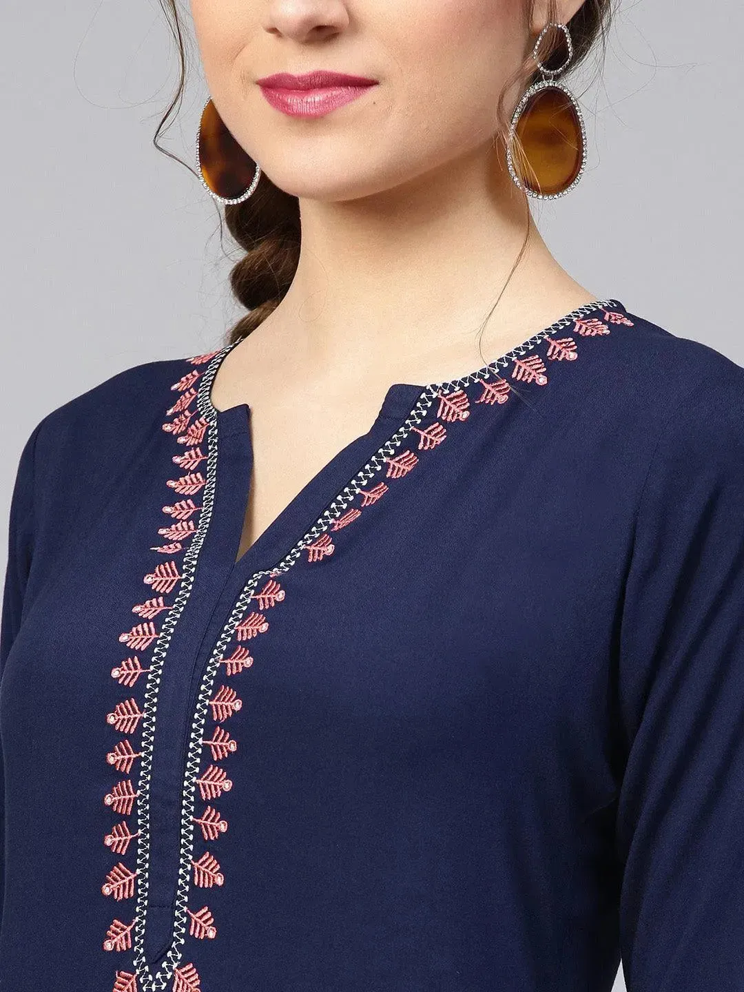 Blue Embroidered Rayon Straight Kurta With Trousers