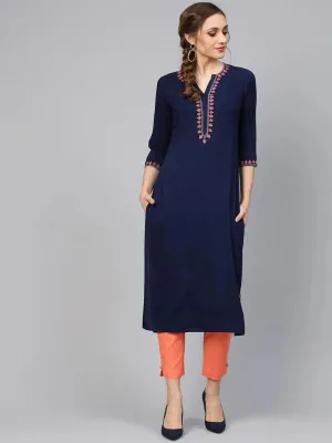 Blue Embroidered Rayon Straight Kurta With Trousers