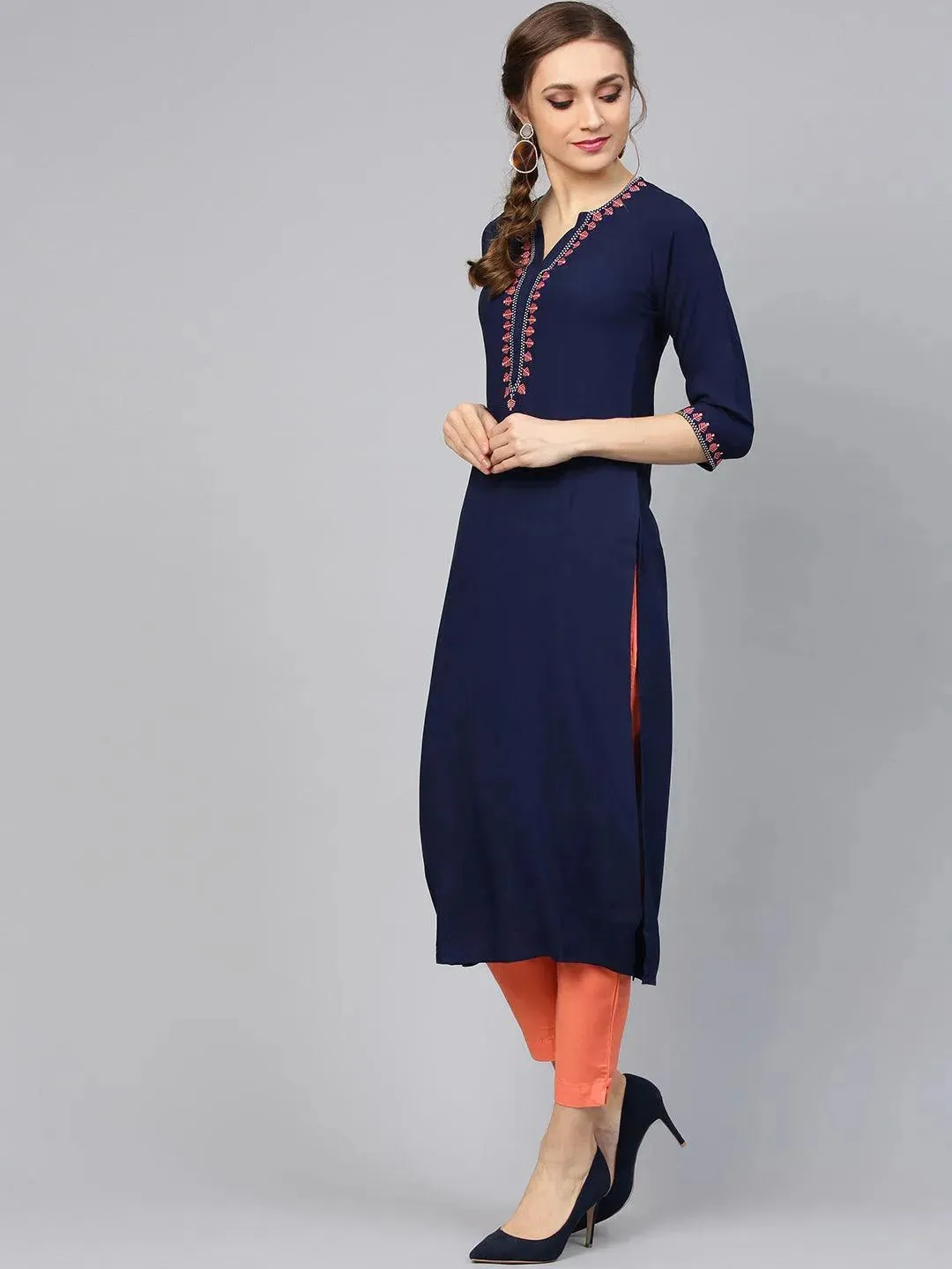 Blue Embroidered Rayon Straight Kurta With Trousers