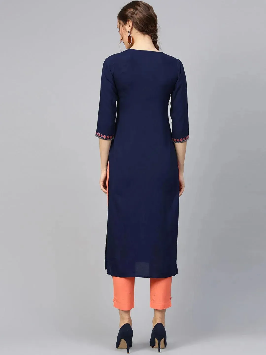 Blue Embroidered Rayon Straight Kurta With Trousers