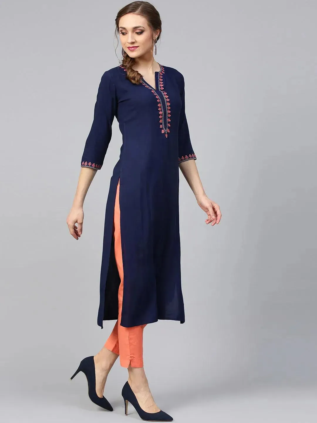 Blue Embroidered Rayon Straight Kurta With Trousers