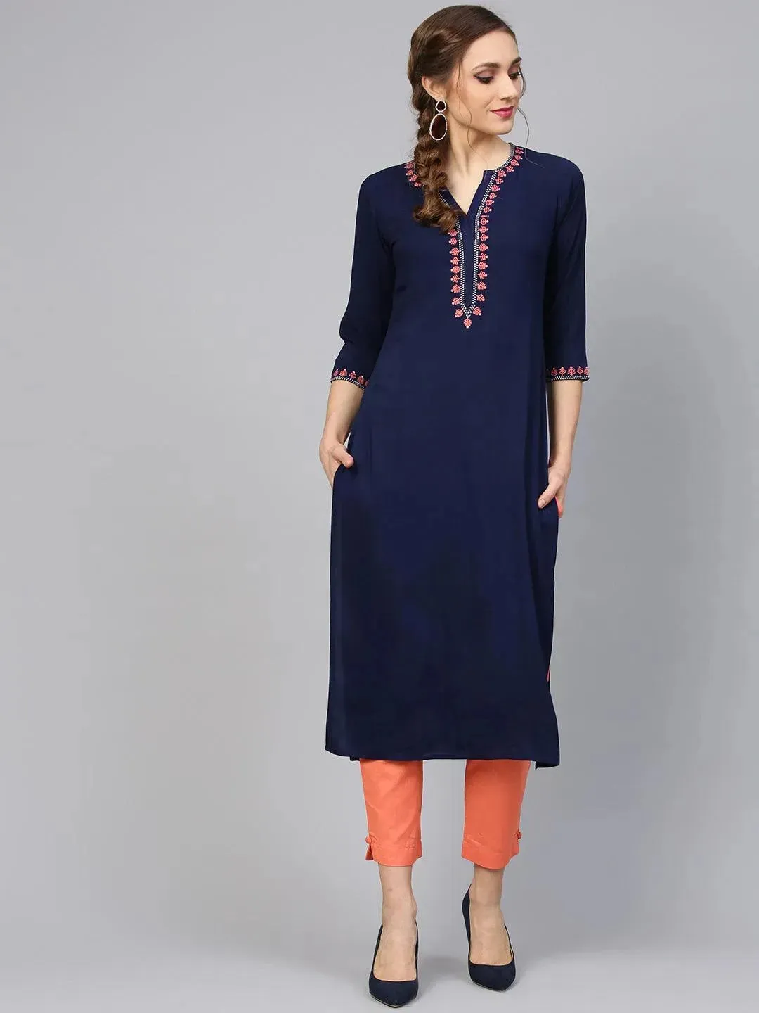 Blue Embroidered Rayon Straight Kurta With Trousers