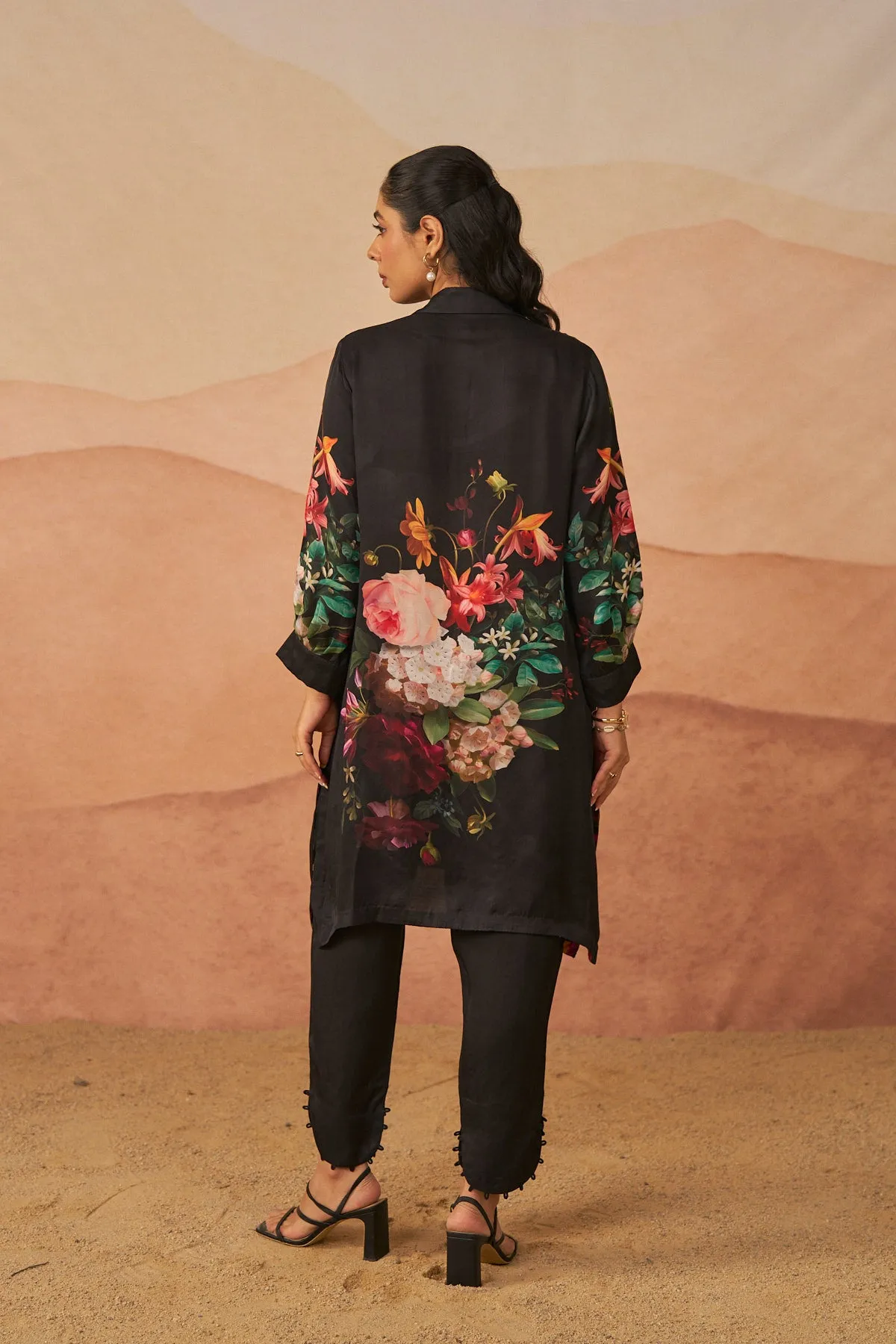 Christiana Black satin botanical tunic set