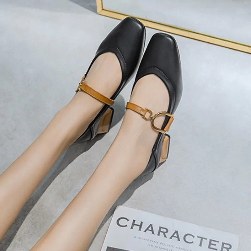 Elegant Women Pumps Metal Buckle Loafers Shallow Mary Jane Shoes Comfortable Slip-on Chunky Heel Shoes Women Office Shoes