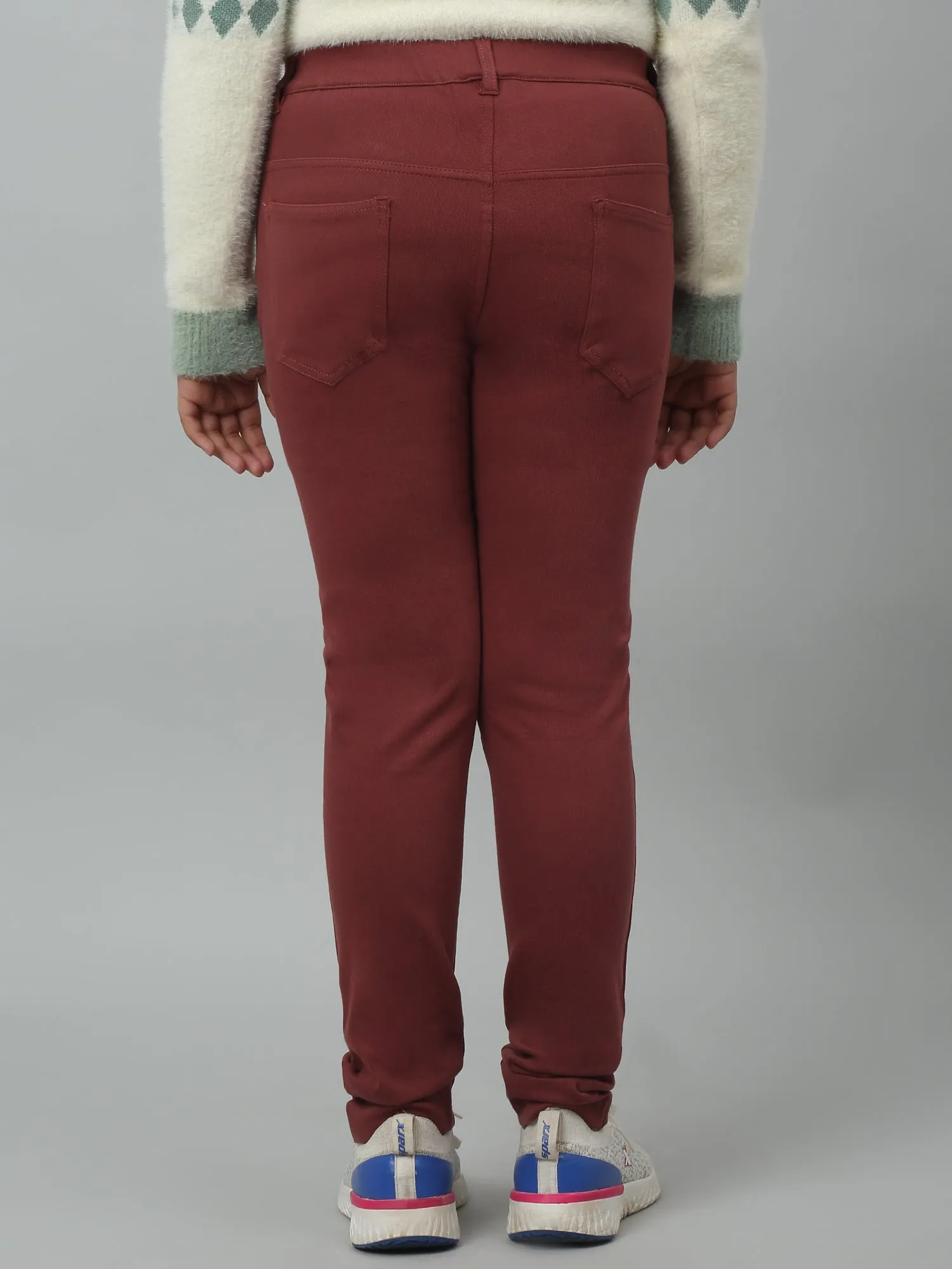 Girls Brown Soild Cotton Blend Stretchable Jeggings