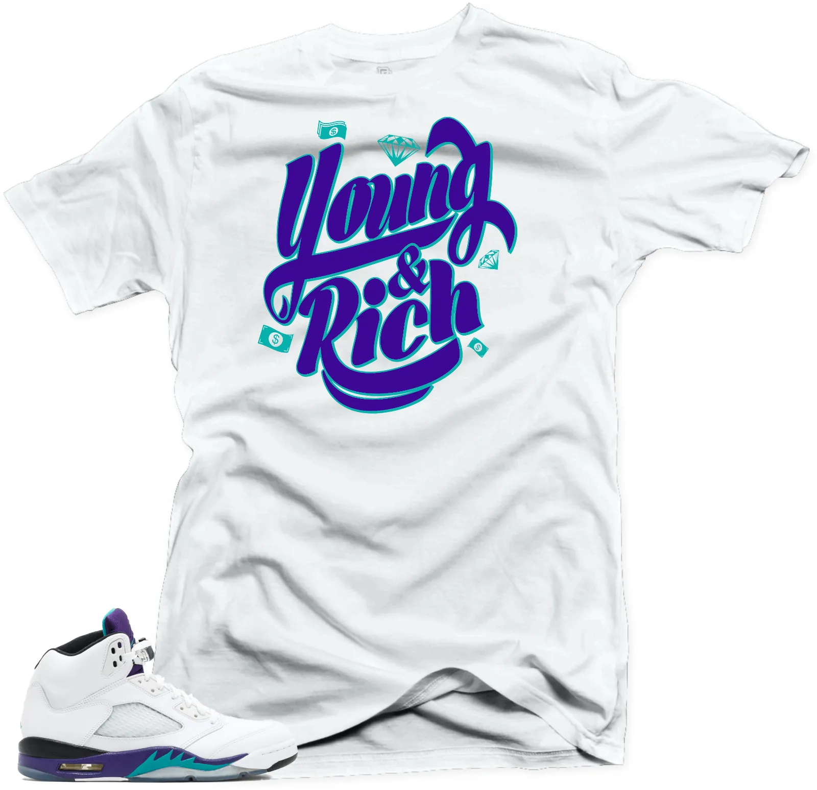 Jordan 5 Grapes Fresh Prince Shirt YOUNG & RICH  White Tee