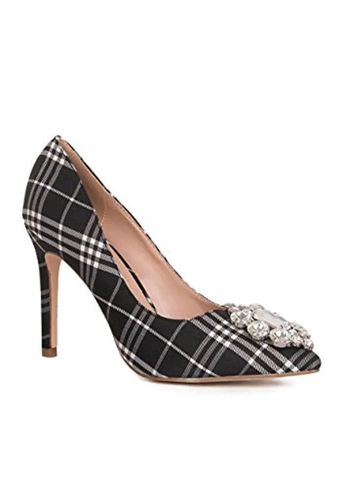 Lauren Lorraine Giselle-2 Slip On Rhinestone Slim Heel Stiletto Black Plaid Pump