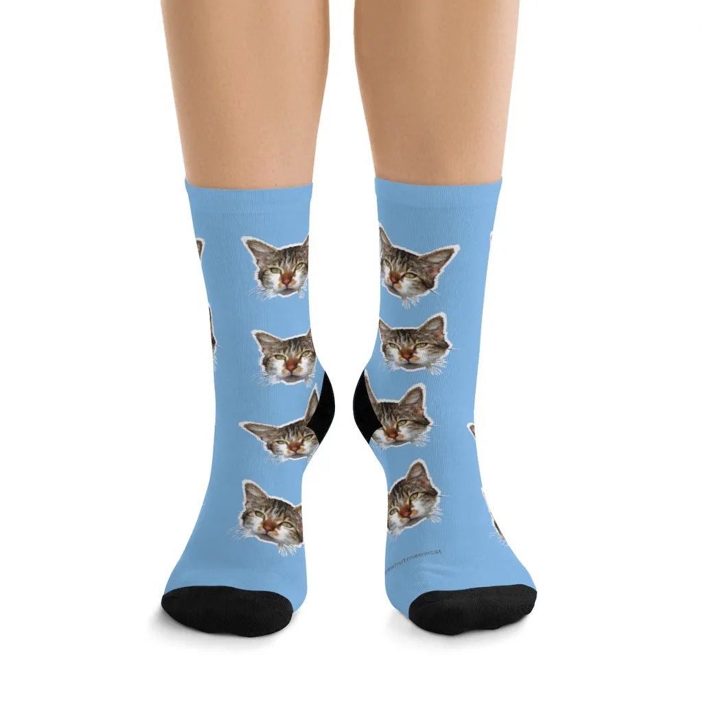 Light Blue Cat Print Socks, Premium Cute Calico Cat 1-Size Knit Premium Socks- Made in USA