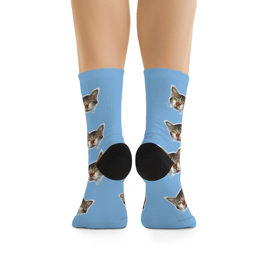 Light Blue Cat Print Socks, Premium Cute Calico Cat 1-Size Knit Premium Socks- Made in USA