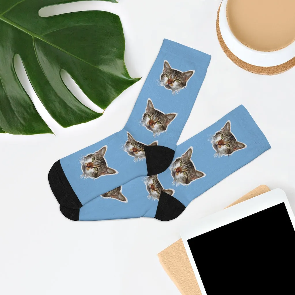 Light Blue Cat Print Socks, Premium Cute Calico Cat 1-Size Knit Premium Socks- Made in USA