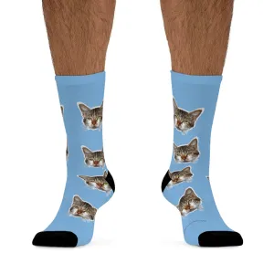 Light Blue Cat Print Socks, Premium Cute Calico Cat 1-Size Knit Premium Socks- Made in USA
