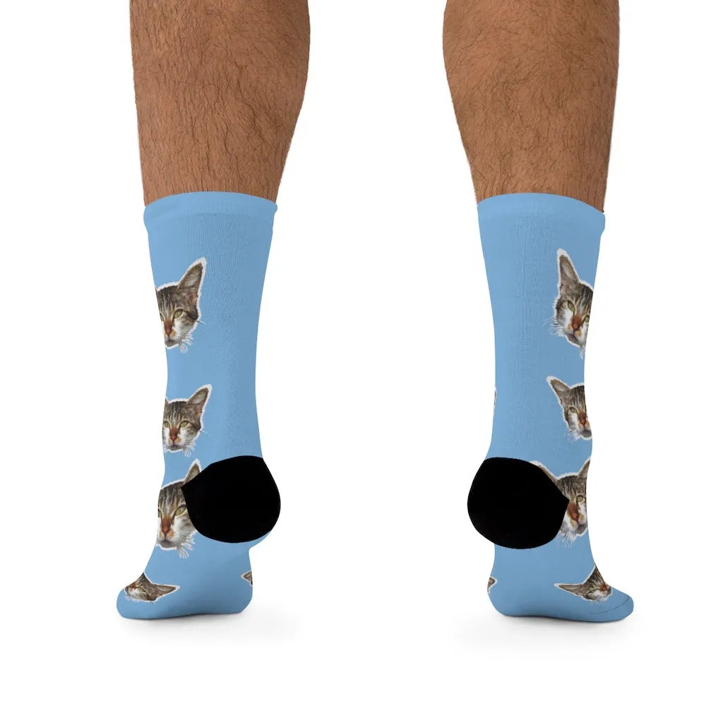Light Blue Cat Print Socks, Premium Cute Calico Cat 1-Size Knit Premium Socks- Made in USA