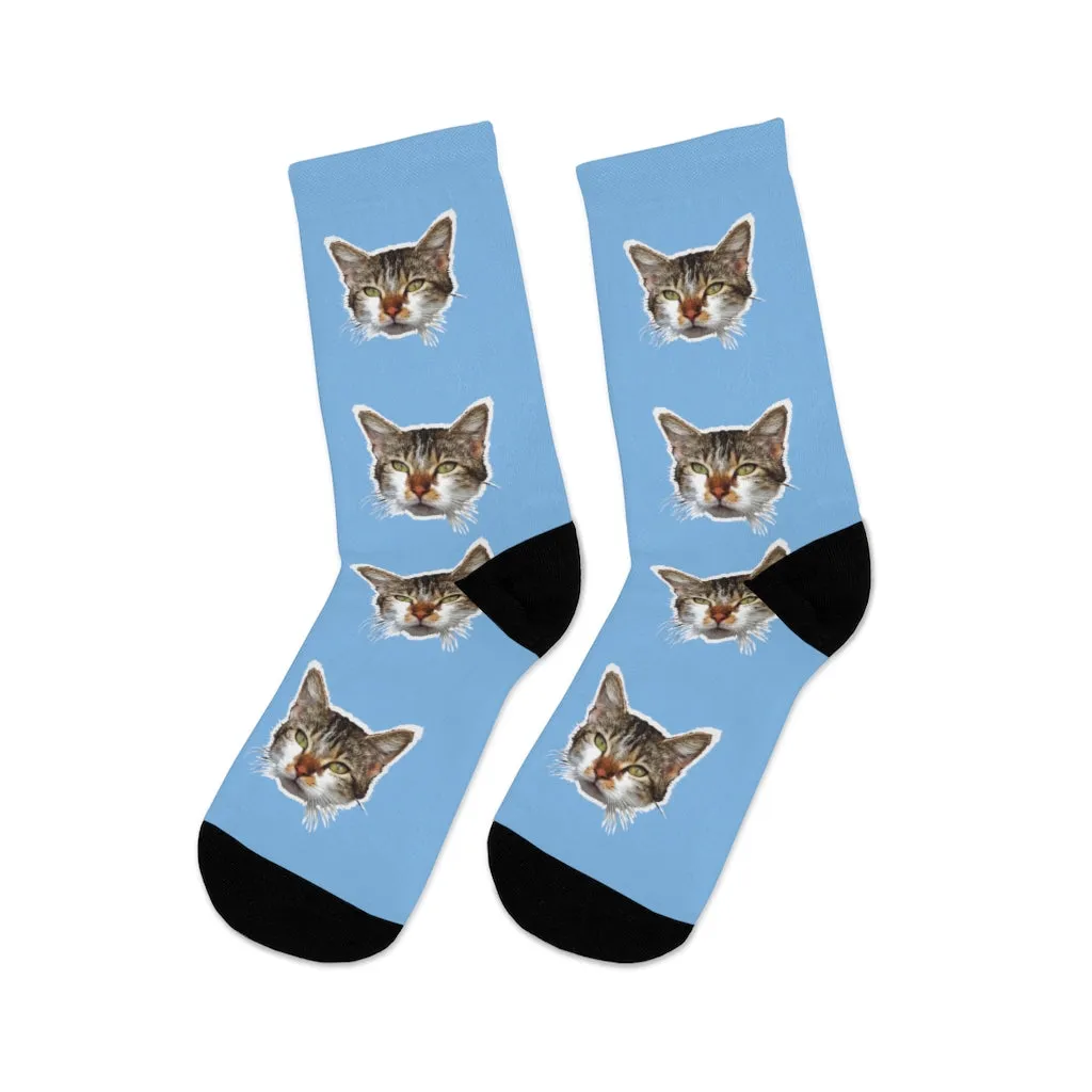 Light Blue Cat Print Socks, Premium Cute Calico Cat 1-Size Knit Premium Socks- Made in USA