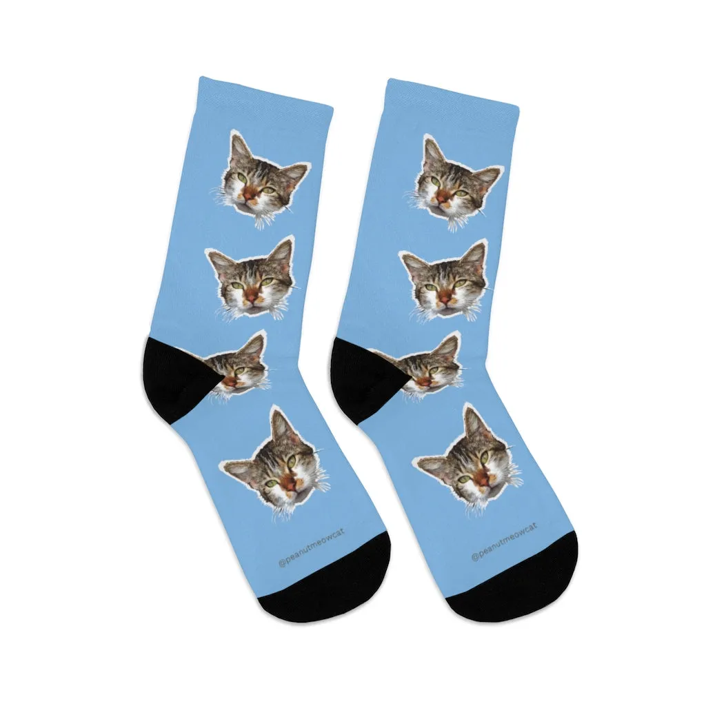 Light Blue Cat Print Socks, Premium Cute Calico Cat 1-Size Knit Premium Socks- Made in USA
