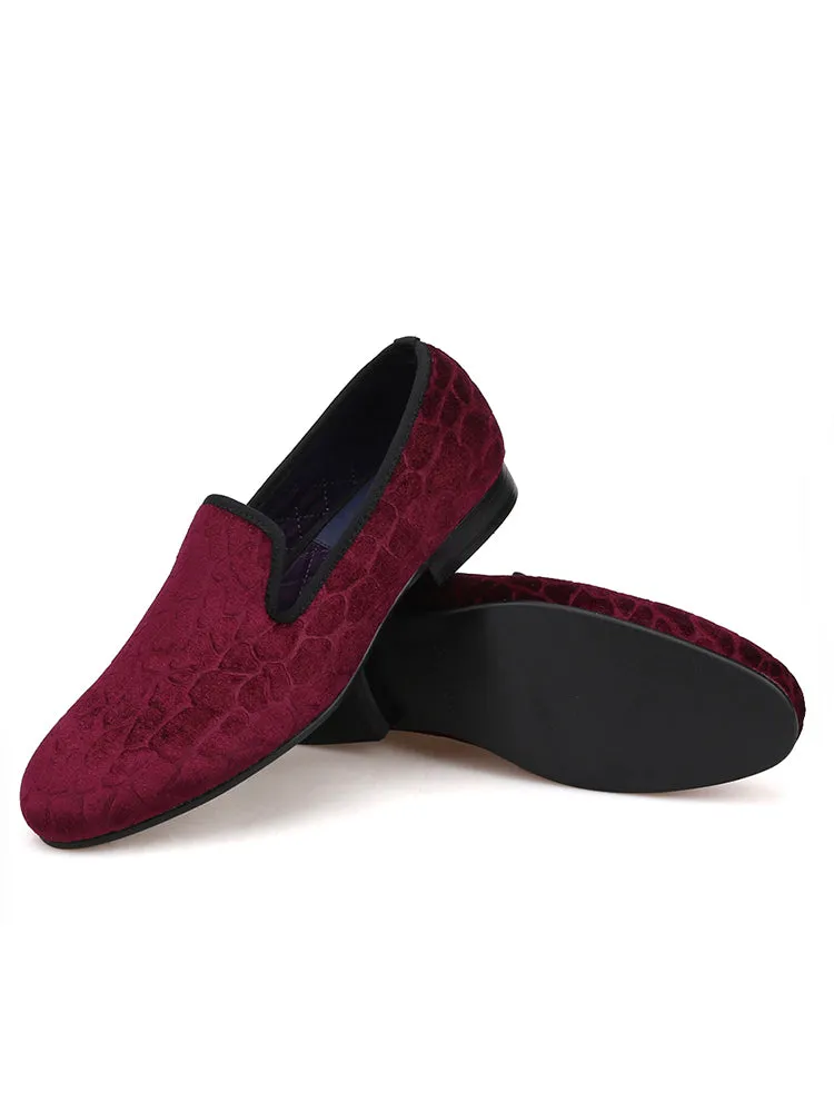 Men's purple velvet stone pattern embossed party loafers British style slip-on trendy men's smoking shoes