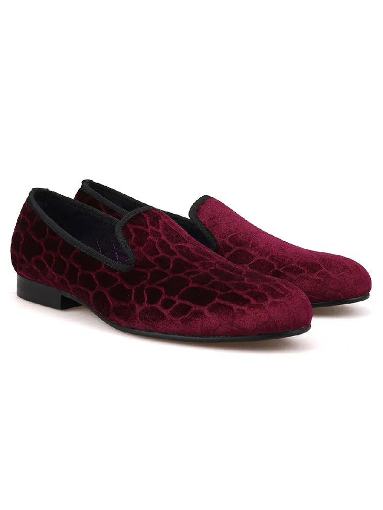 Men's purple velvet stone pattern embossed party loafers British style slip-on trendy men's smoking shoes