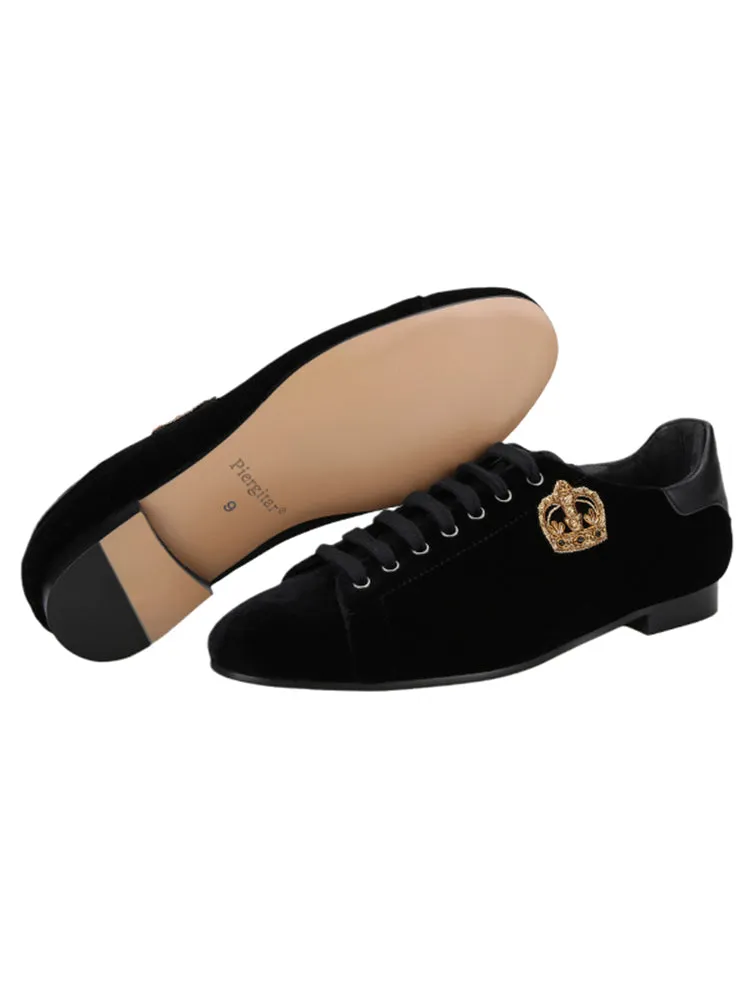 New black velvet men's lace-up loafers imported handmade small crown Indian silk casual shoes