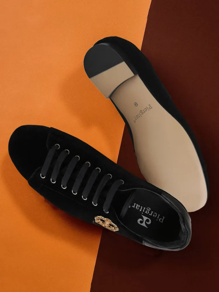 New black velvet men's lace-up loafers imported handmade small crown Indian silk casual shoes