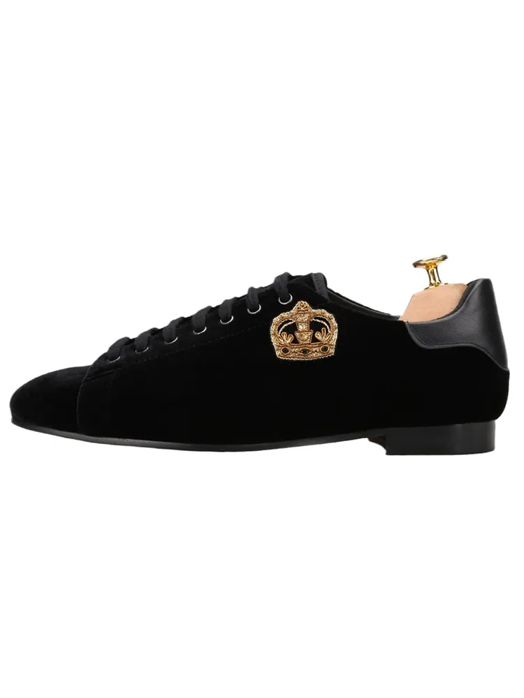 New black velvet men's lace-up loafers imported handmade small crown Indian silk casual shoes