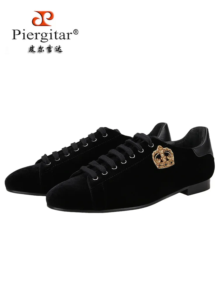 New black velvet men's lace-up loafers imported handmade small crown Indian silk casual shoes