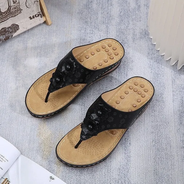 OCW Women Walking Sandals Floral EVA Memory Cushion Summer Wedge Flip-flops