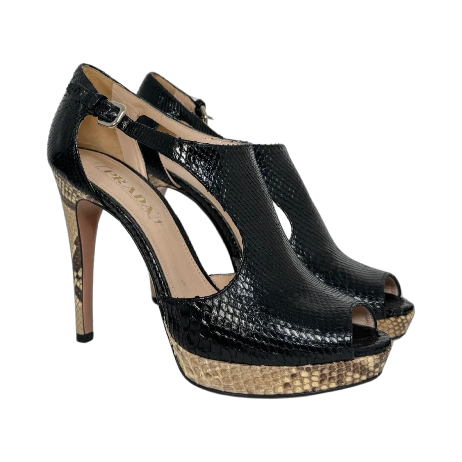 Prada Black Python Peep Toe Pumps (Size 38.5)