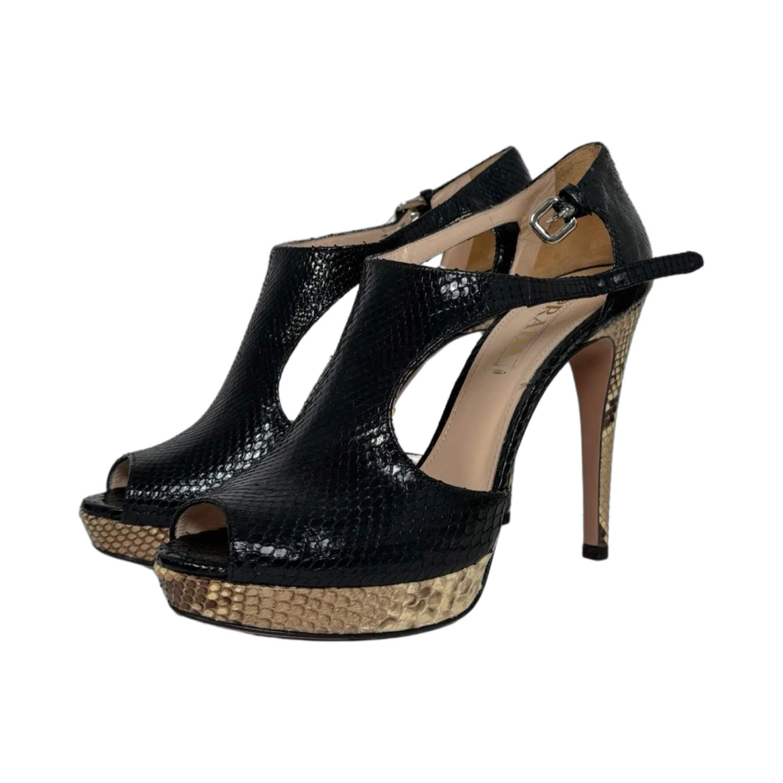 Prada Black Python Peep Toe Pumps (Size 38.5)