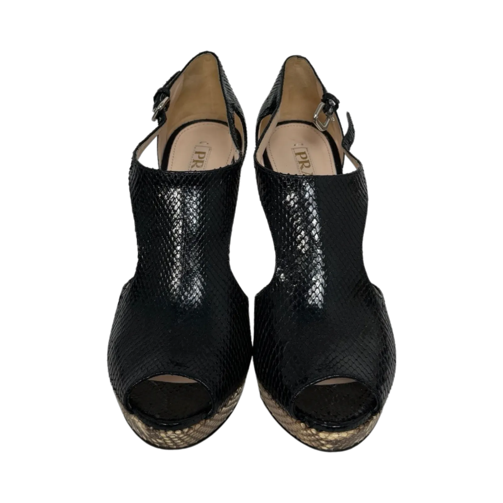 Prada Black Python Peep Toe Pumps (Size 38.5)