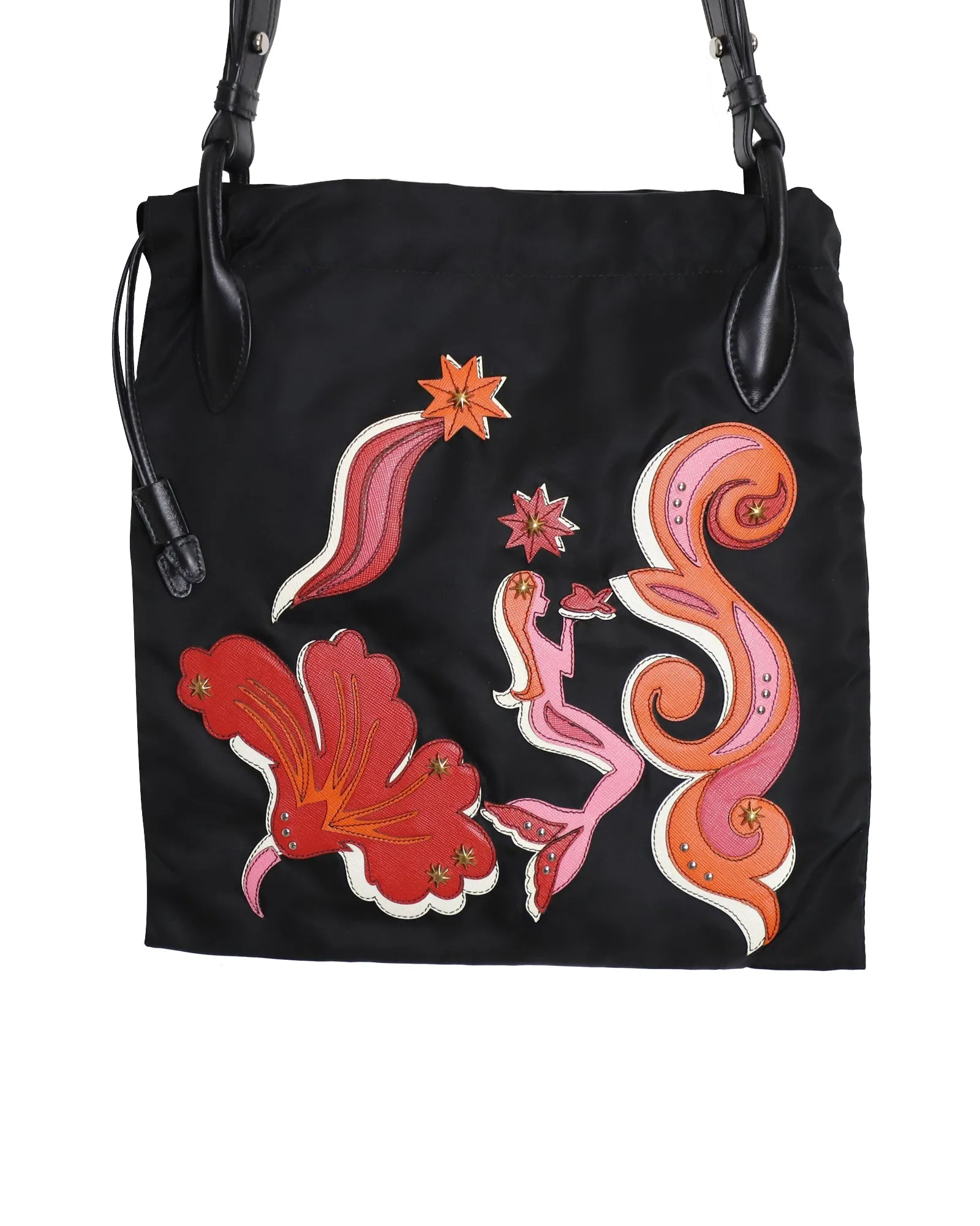 Prada Mermaid Detail Shoulder Bag in Black Nylon