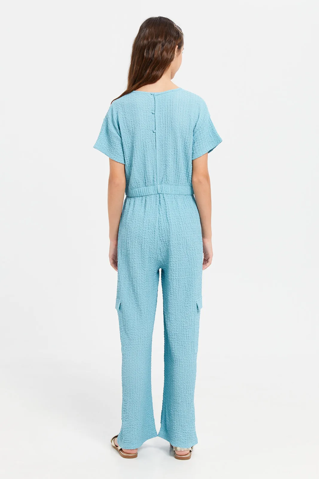 Senior Girls Teal Jacquard Jumpsuit With Cargo Pocket