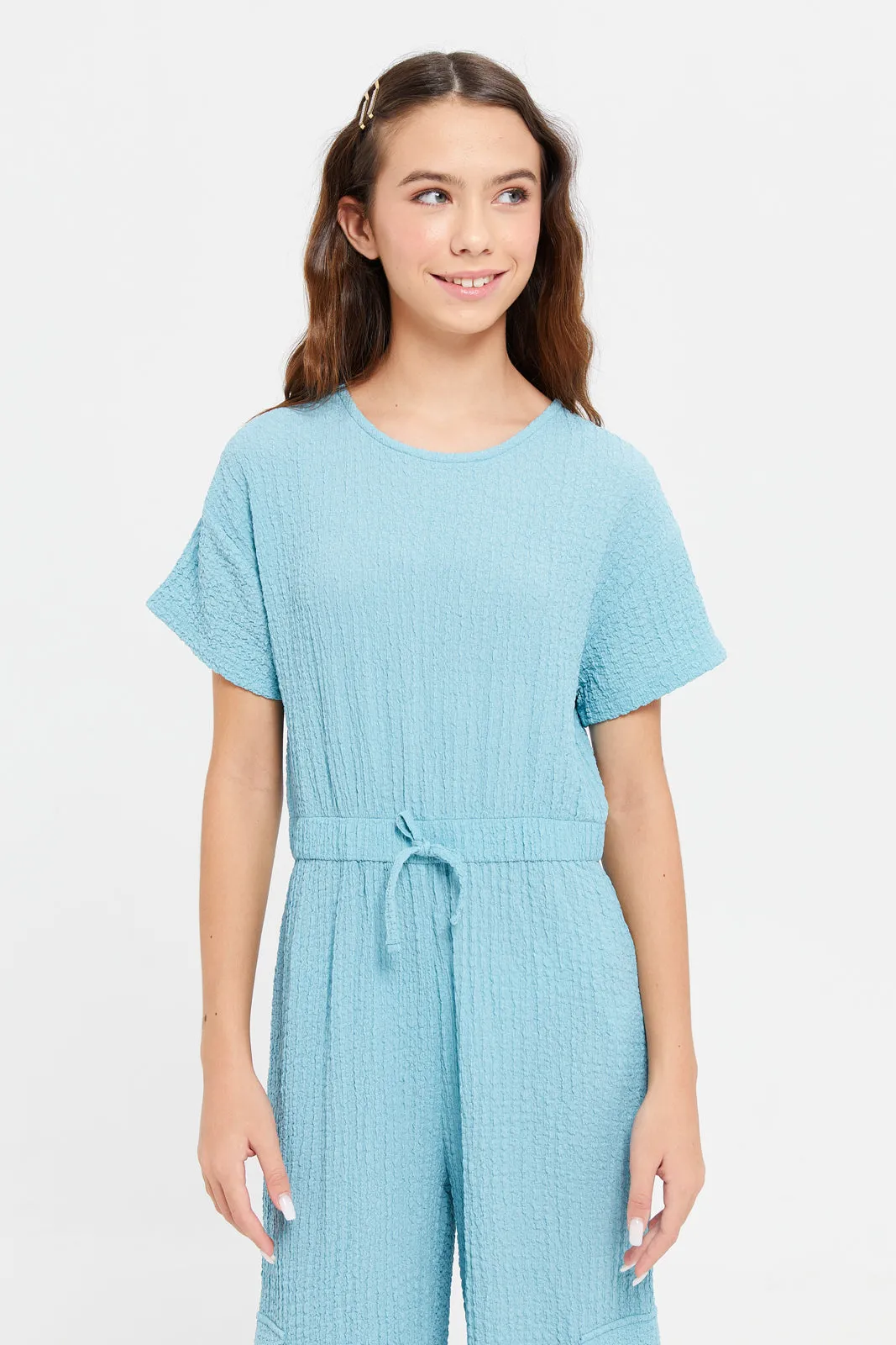 Senior Girls Teal Jacquard Jumpsuit With Cargo Pocket