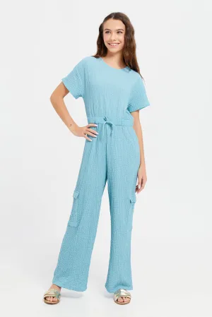Senior Girls Teal Jacquard Jumpsuit With Cargo Pocket