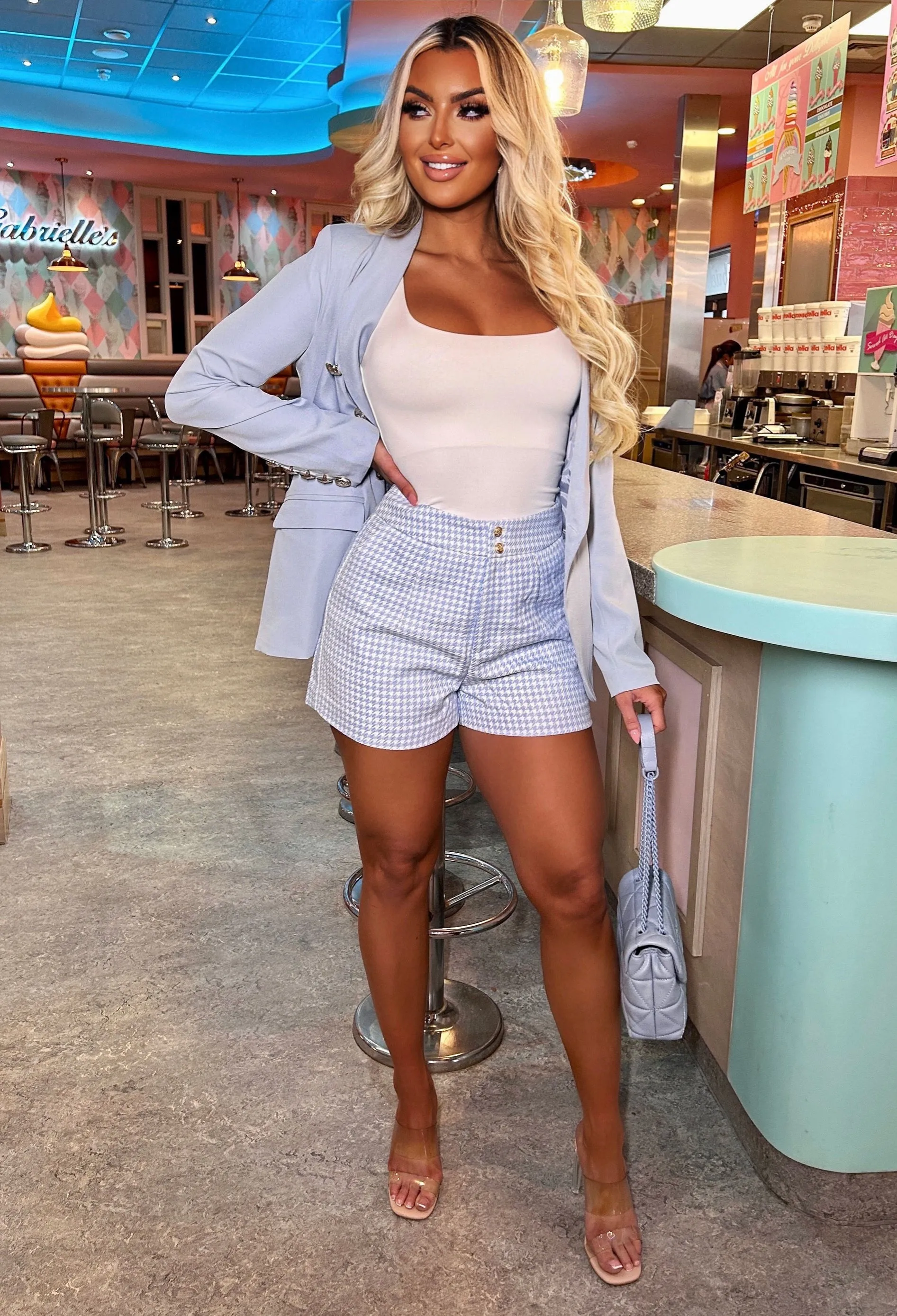 Spring Chic Light Blue Houndstooth Tailored Military Short