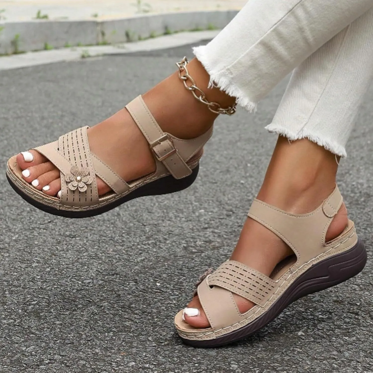 Summer Sandals for Women 2025 Trendy Beach Comfortable Dressy Sandal Arch Support Ankle Strap Wedge Sandals Platform Casual Hollow Out Open Toe Low Heel Breathable Shoes