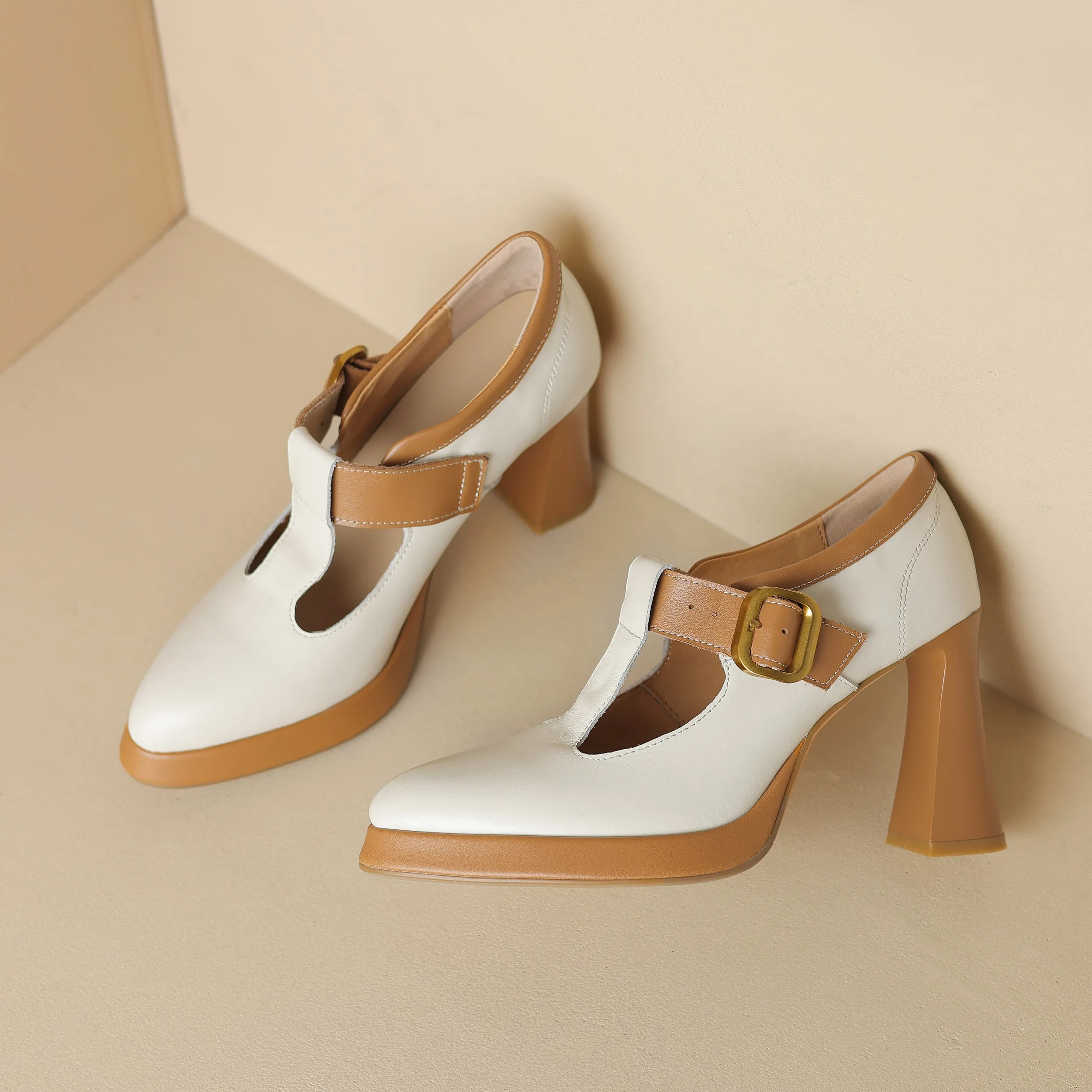 TinaCus Handmade Women's Genuine Leather Platform High Heel Pointed Toe Buckle Pumps Shoes