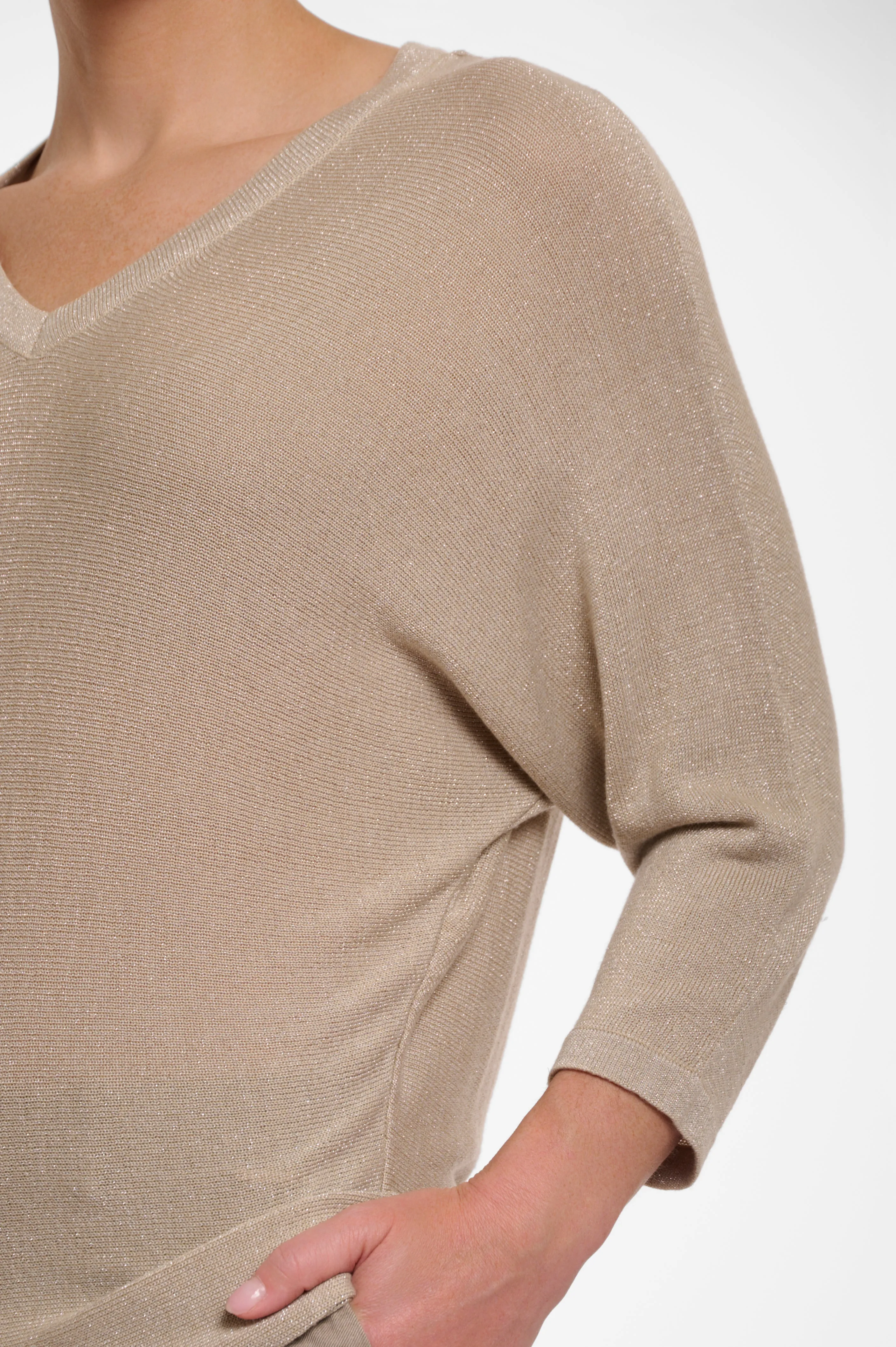 V Neck Bat Sleeve Sweater - Desert