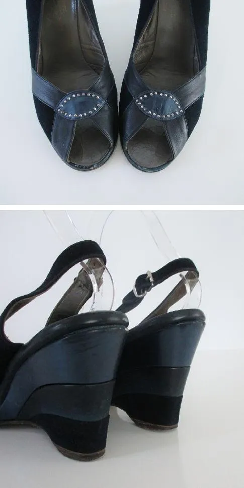 Vintage 50s 40s Navy Blue Ombre Suede Slingback Wedge Heels 7