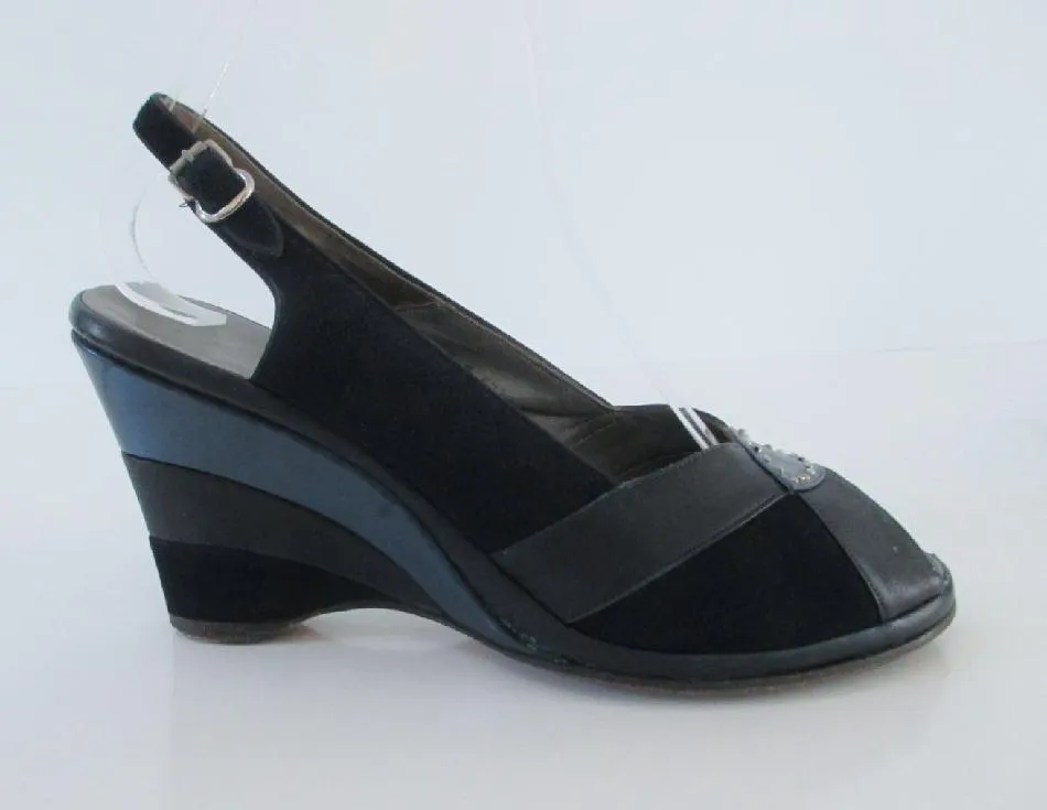 Vintage 50s 40s Navy Blue Ombre Suede Slingback Wedge Heels 7