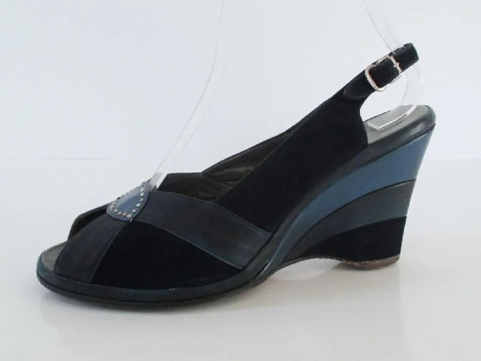 Vintage 50s 40s Navy Blue Ombre Suede Slingback Wedge Heels 7
