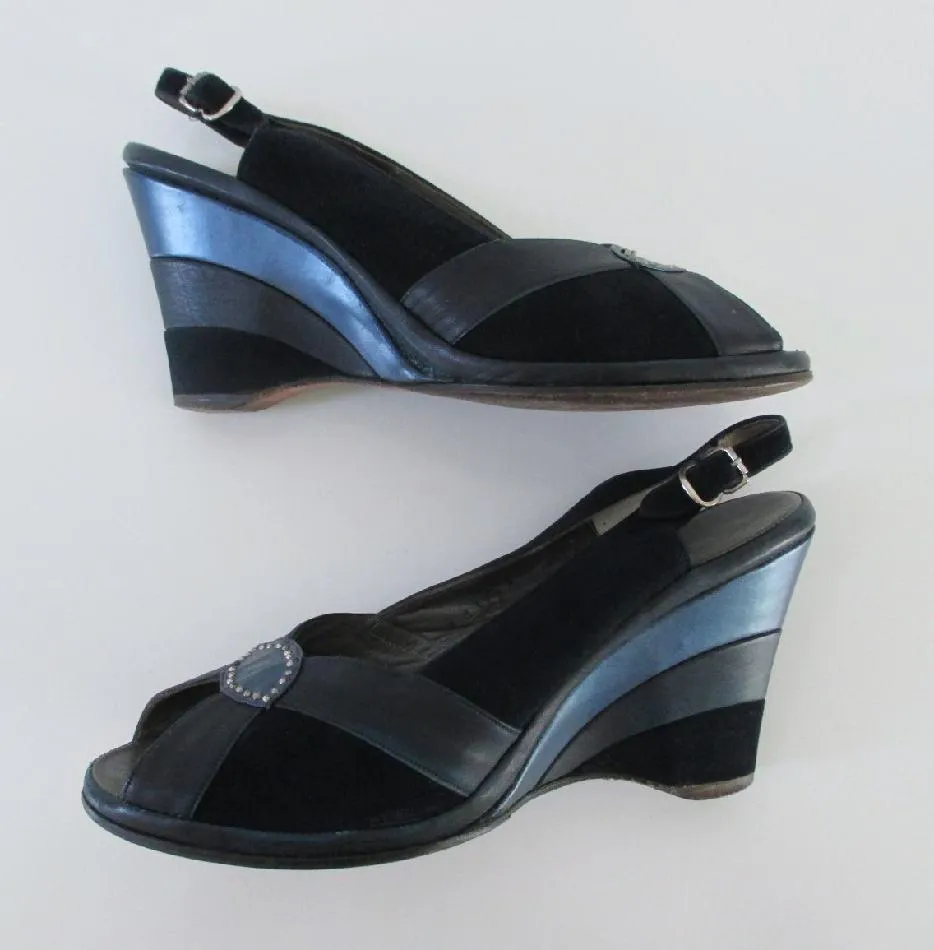 Vintage 50s 40s Navy Blue Ombre Suede Slingback Wedge Heels 7