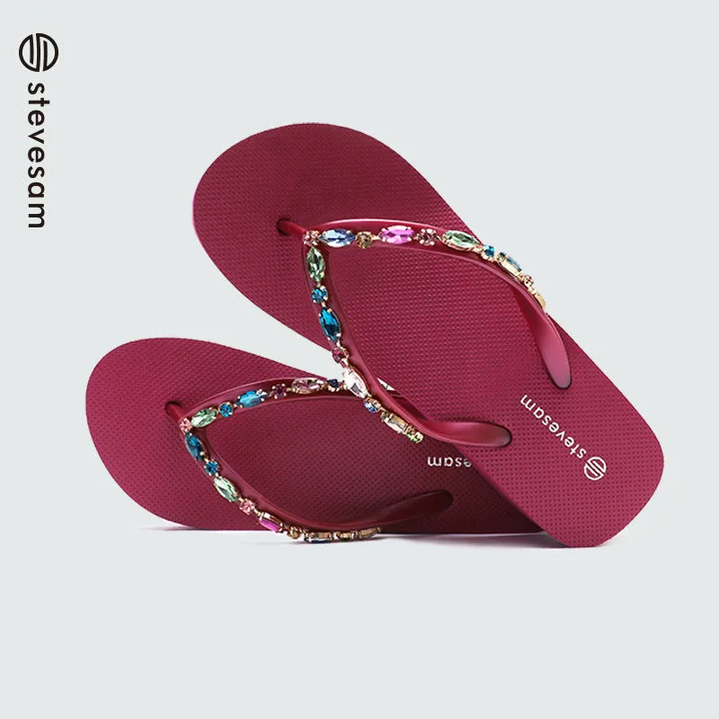 Wholesale Rhinestone Flip-Flops Women's Trendy Thick Bottom Beach Clip Leg Casual Wedge Sandals
