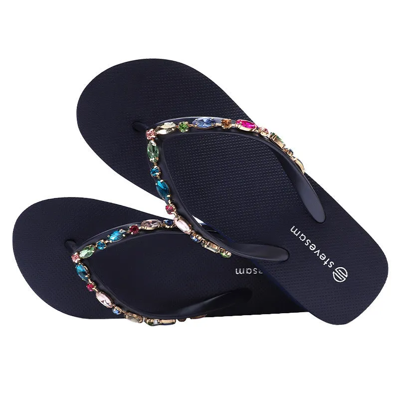 Wholesale Rhinestone Flip-Flops Women's Trendy Thick Bottom Beach Clip Leg Casual Wedge Sandals
