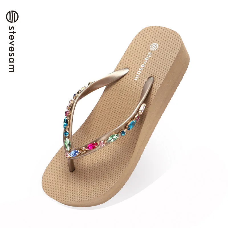 Wholesale Rhinestone Flip-Flops Women's Trendy Thick Bottom Beach Clip Leg Casual Wedge Sandals