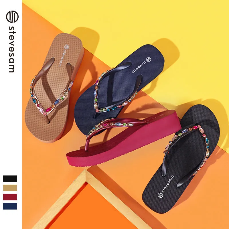 Wholesale Rhinestone Flip-Flops Women's Trendy Thick Bottom Beach Clip Leg Casual Wedge Sandals