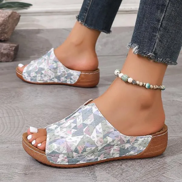 Women's Fish Mouth Geometric Print Wedge Slippers 49077772S