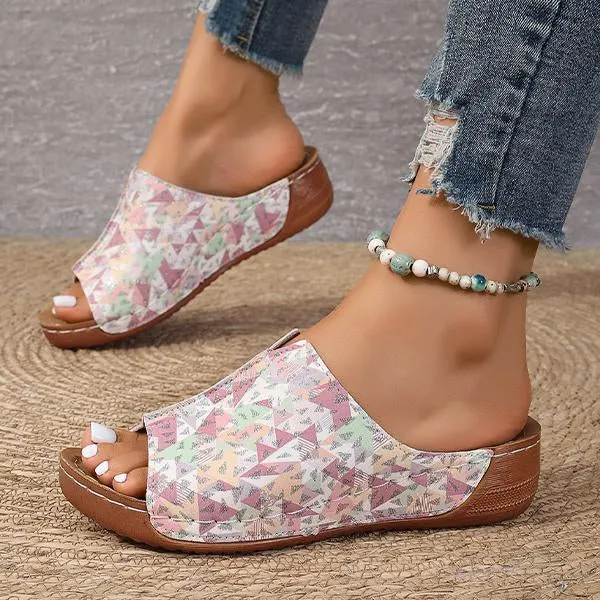 Women's Fish Mouth Geometric Print Wedge Slippers 49077772S