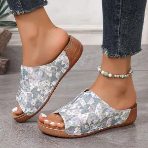 Women's Fish Mouth Geometric Print Wedge Slippers 49077772S