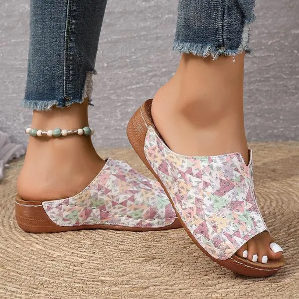 Women's Fish Mouth Geometric Print Wedge Slippers 49077772S