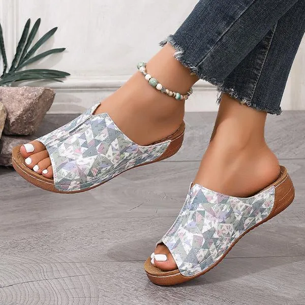 Women's Fish Mouth Geometric Print Wedge Slippers 49077772S
