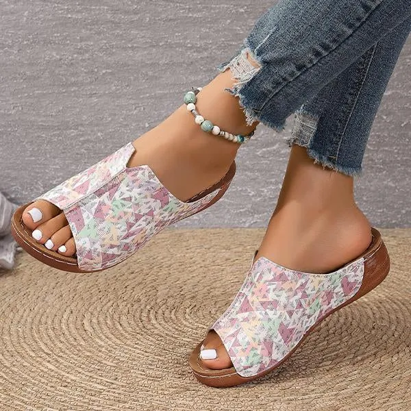 Women's Fish Mouth Geometric Print Wedge Slippers 49077772S